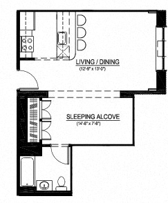 Floor plan for studio, 1 bath